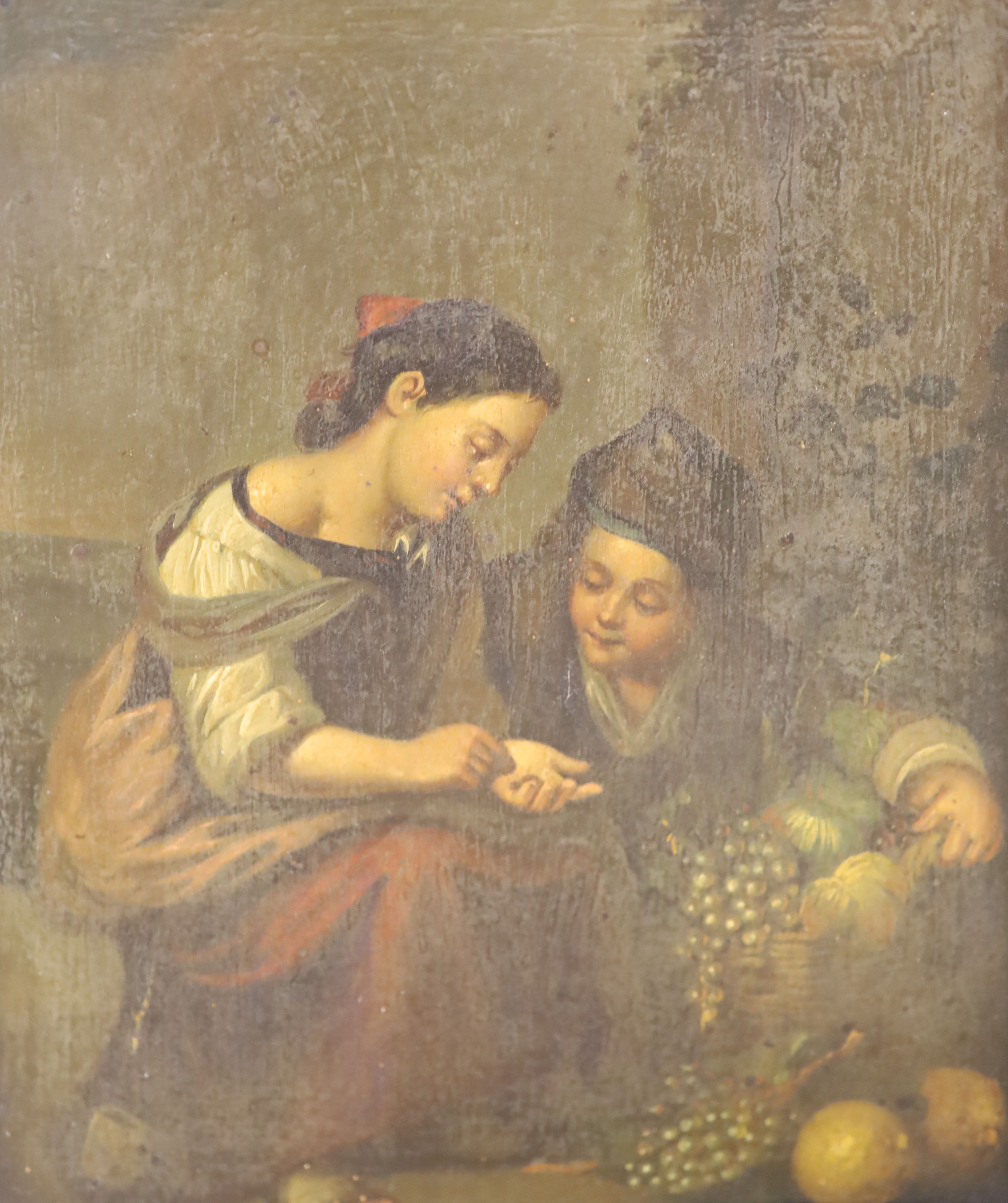 19th century German School, After Murillo, pair of oils on zinc, Children playing dice and telling a fortune, 19 x 16cm